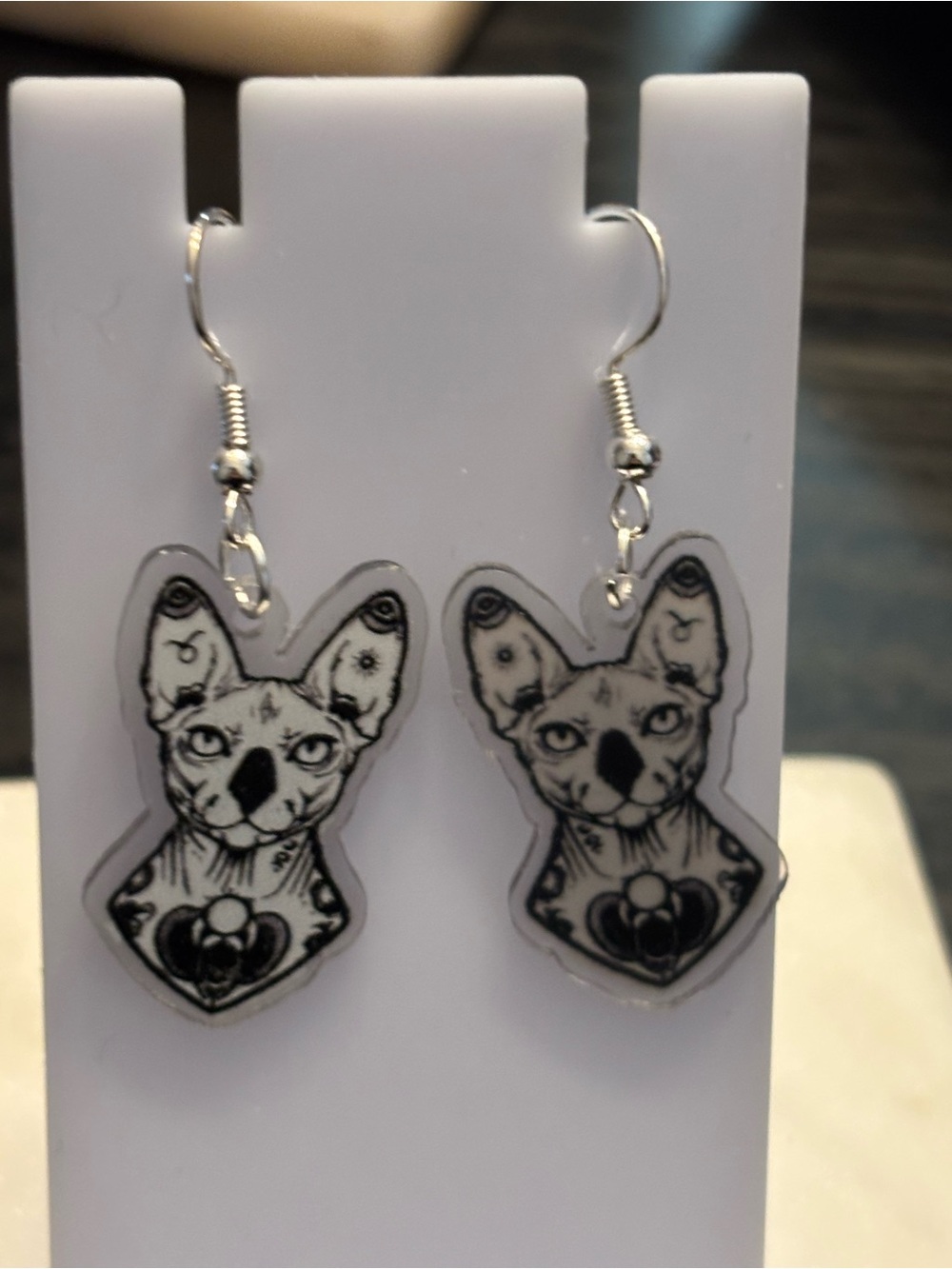 Title: Sphynx Cat Acrylic Dangle Earrings | Occult Tattoo Hairless Cat | Silver